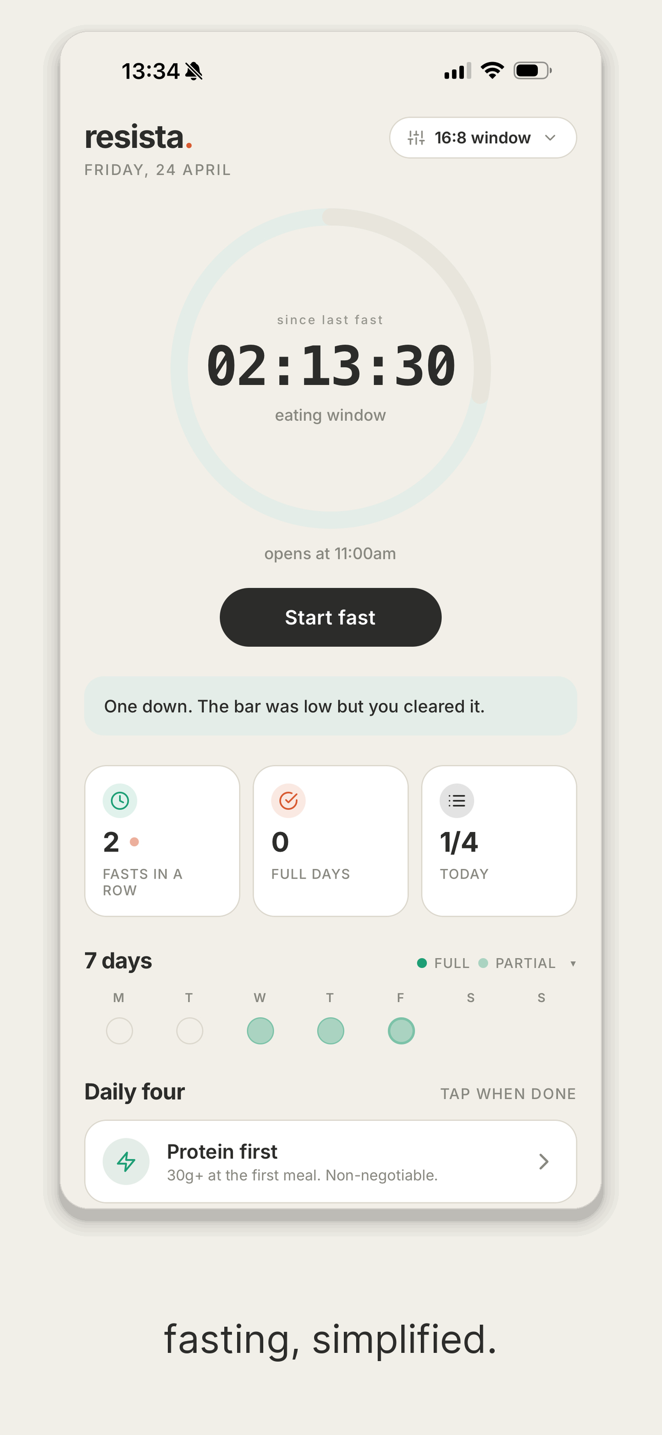 Resista fasting timer screen